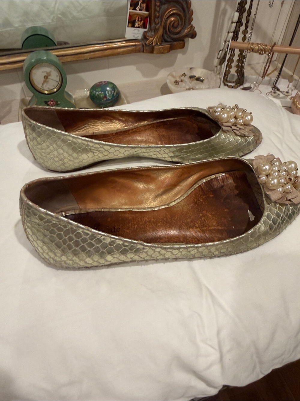 kate spade Gold Pearl-Embellished Peep-Toe Flats - Picture 2 of 6